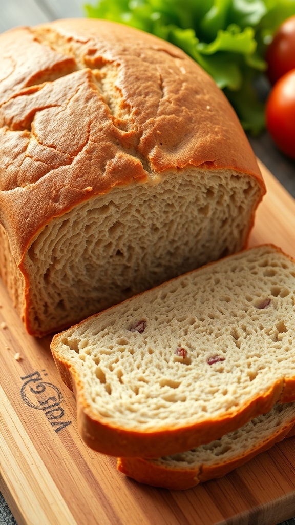 Quick Whole Wheat Sandwich Bread Recipe Freshly baked whole wheat sandwich bread loaf, sliced, on a wooden cutting board with fresh vegetables.